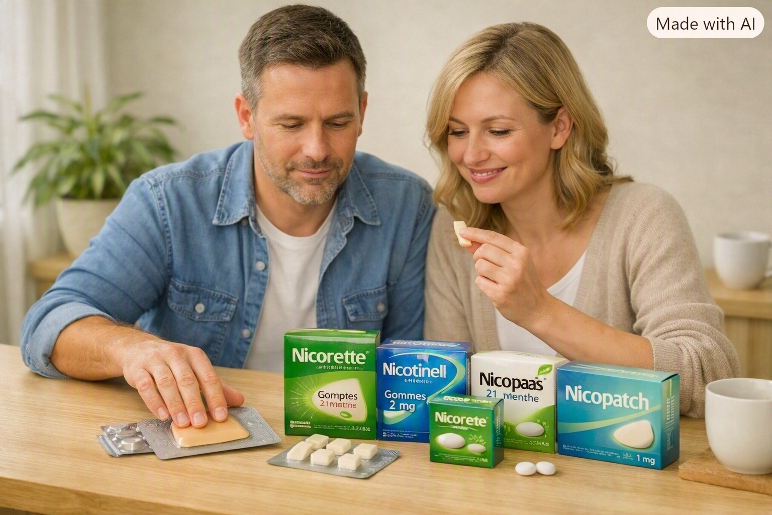 Couple d’une quarantaine d’années comparant différents substituts nicotiniques (patch Nicopatch, gommes Nicorette, pastilles Nicotinell) sur une table en bois, dans une ambiance douce et naturelle ; visuel illustrant le choix des aides au sevrage tabagique proposé par la Pharmacie Veau.