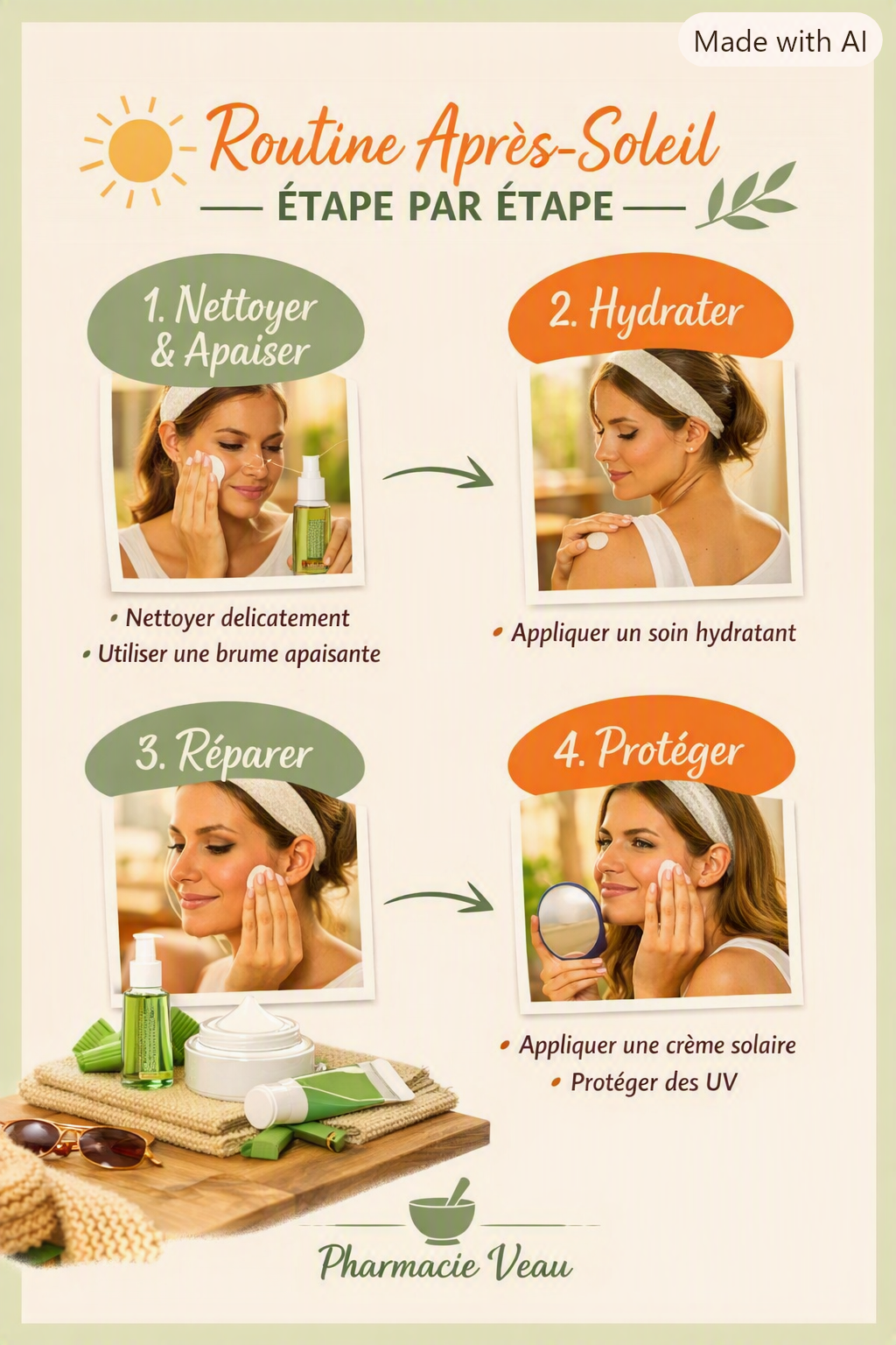 Infographie beauté illustrant la routine après‑soleil en quatre étapes : nettoyer, hydrater, réparer et protéger. Femme au teint hâlé appliquant ses soins visage et corps, ambiance douce et lumineuse, palette beige crème, vert sauge et orangé, signature Pharmacie Veau.