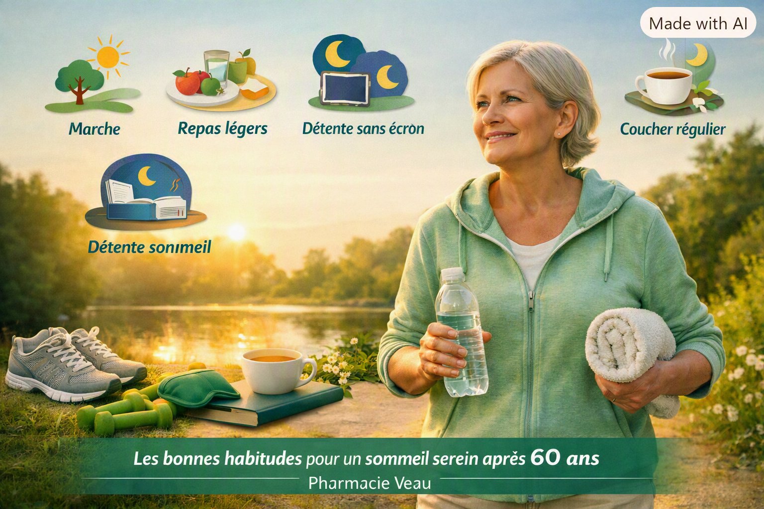 Femme senior marchant au lever du soleil, vêtue d’une veste vert menthe, tenant une bouteille d’eau et une serviette ; autour d’elle, icônes illustrant les bonnes habitudes de sommeil : marche, repas légers, détente sans écran, tisane et coucher régulier ; visuel bien‑être signé Pharmacie Veau.