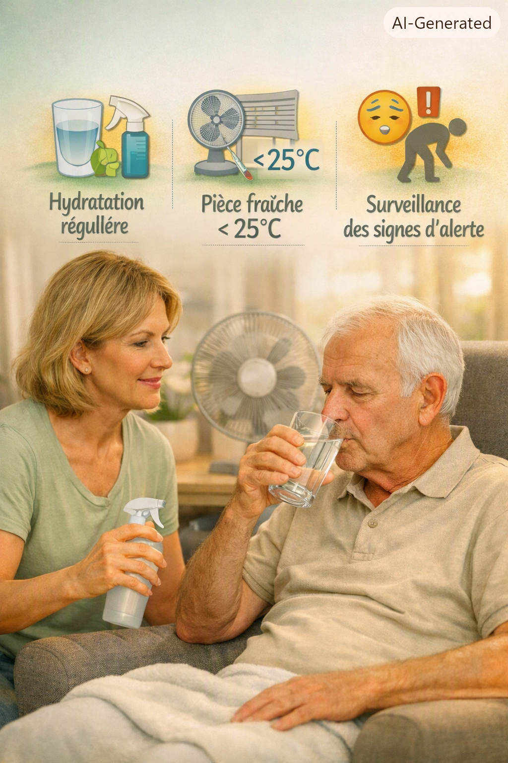 Aidant hydratant un senior à domicile pendant la canicule, avec pictogrammes “Hydratation régulière”, “Pièce fraîche < 25°C” et “Surveillance des signes d’alerte”, style rassurant Pharmacie Veau.