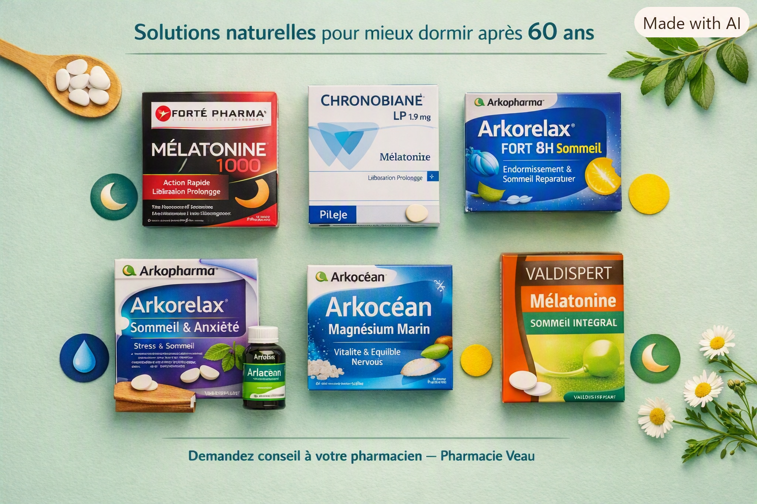 Visuel présentant plusieurs compléments alimentaires naturels pour améliorer le sommeil des seniors, incluant mélatonine, magnésium marin et formules anti‑stress, disposés sur un fond vert avec éléments décoratifs.
