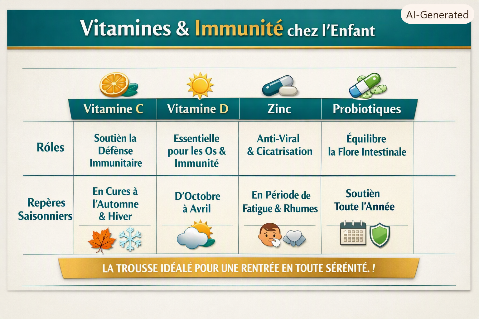 Tableau pédagogique sur les vitamines et l’immunité chez l’enfant : Vitamine C, Vitamine D, Zinc, Probiotiques, rôles et repères saisonniers, Pharmacie Veau.