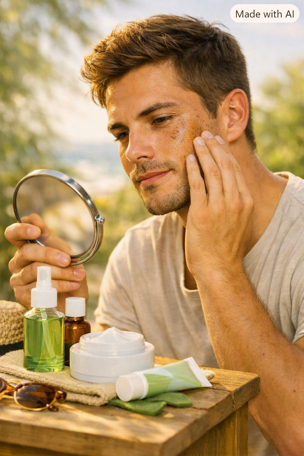 Jeune homme bronzé observant ses taches pigmentaires au soleil après l’été, peau hâlée contrastant avec les zones plus foncées du visage. Scène extérieure naturelle, lumière dorée, produits anti‑tâches posés sur une table en bois, ambiance douce et dermatologique, palette Pharmacie Veau.