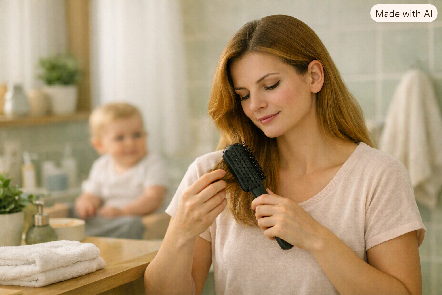 Jeune maman se coiffant dans une salle de bain lumineuse, observant quelques cheveux tombés, avec son bébé flou en arrière‑plan, illustrant la chute de cheveux post‑partum.
