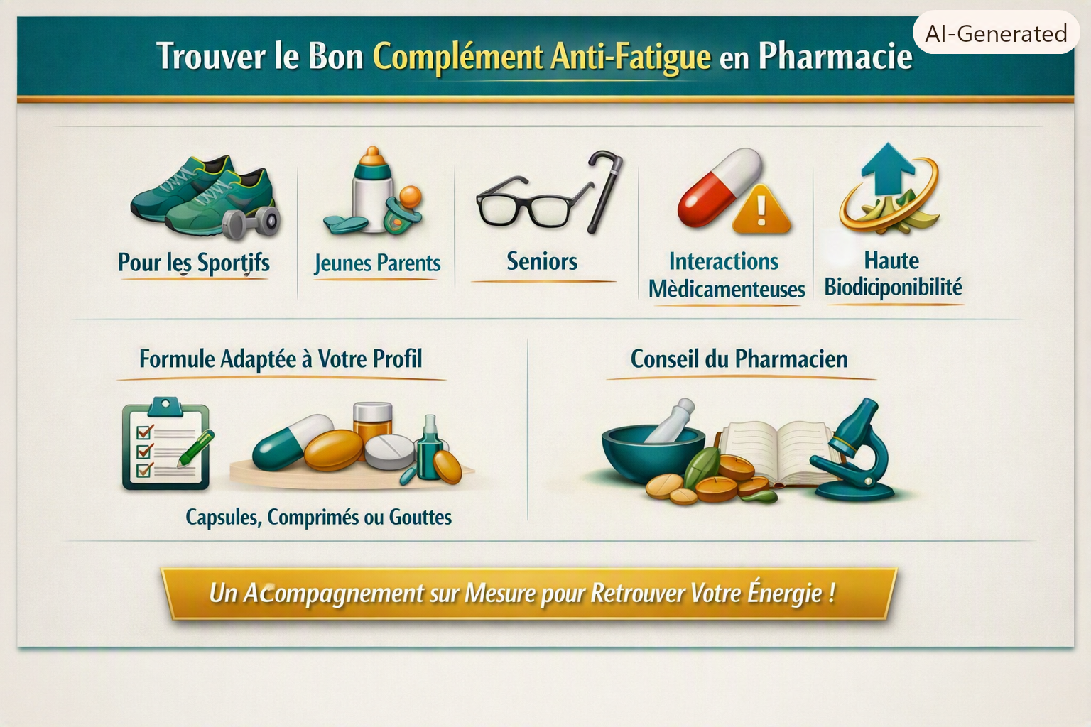 Infographie choix complément anti‑fatigue adulte, style Pharmacie Veau, palette teal/mint/gold, icônes sportif, jeune parent, senior, interactions médicaments, biodisponibilité, design épuré sans personnages.